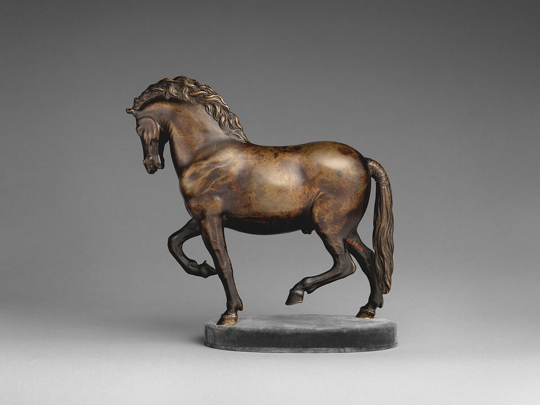 Bronze statuette of a walking horse with a deep brown patina, a later cast after Giambologna, 18th to 19th century